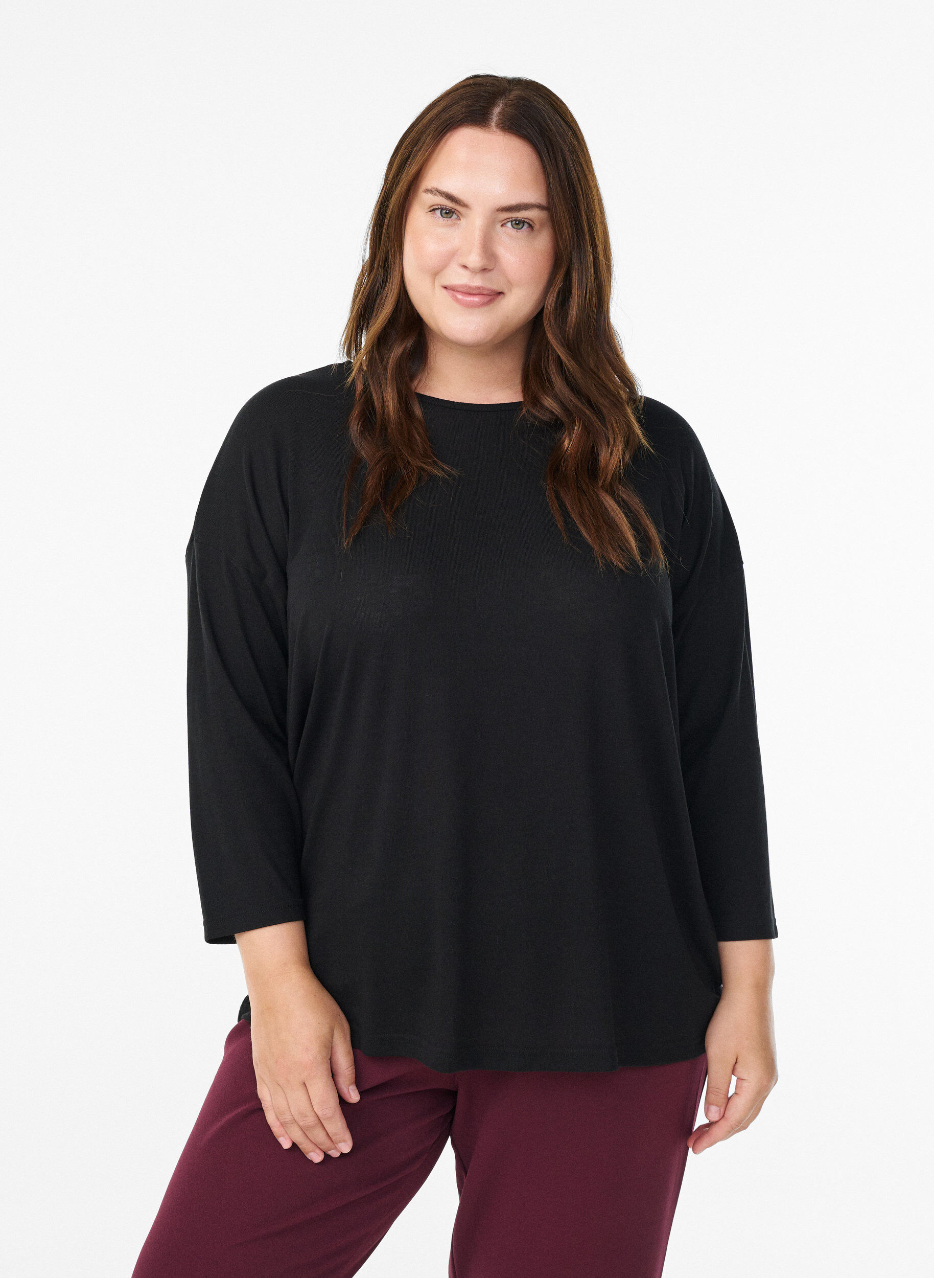 FLASH &ndash; Jersey bluse med 3/4 ermer, Svart, Model