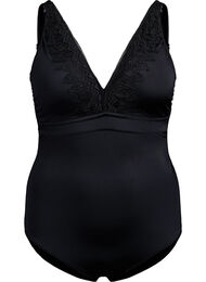 Badedrakt med V-hals og broderi, Black