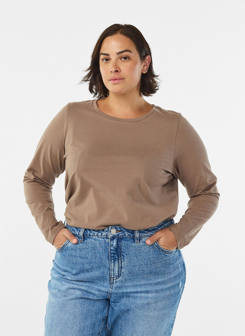 Basis jersey bluse med lange ermer, Brun, Model image number 0