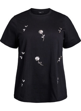 Zizzi T-skjorte med paljettblomster, Svart, Packshot image number 0