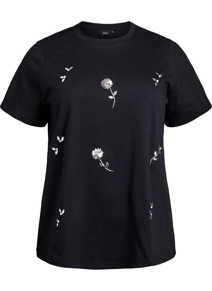 T-skjorte med paljettblomster, Svart, Packshot image number 0