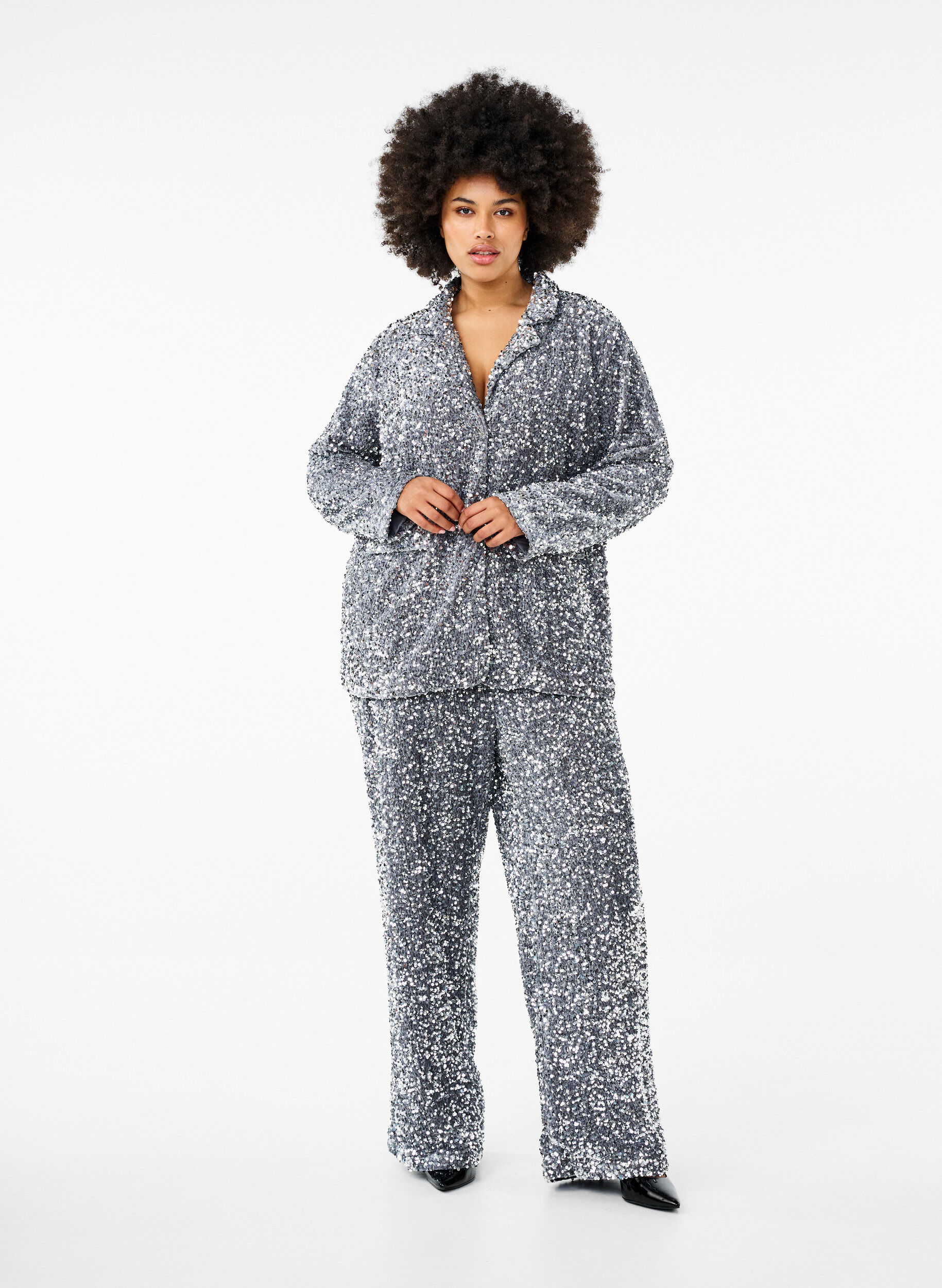 Zizzi Vide paljettbukser med h&oslash;y midje, Silver, Model image number 0