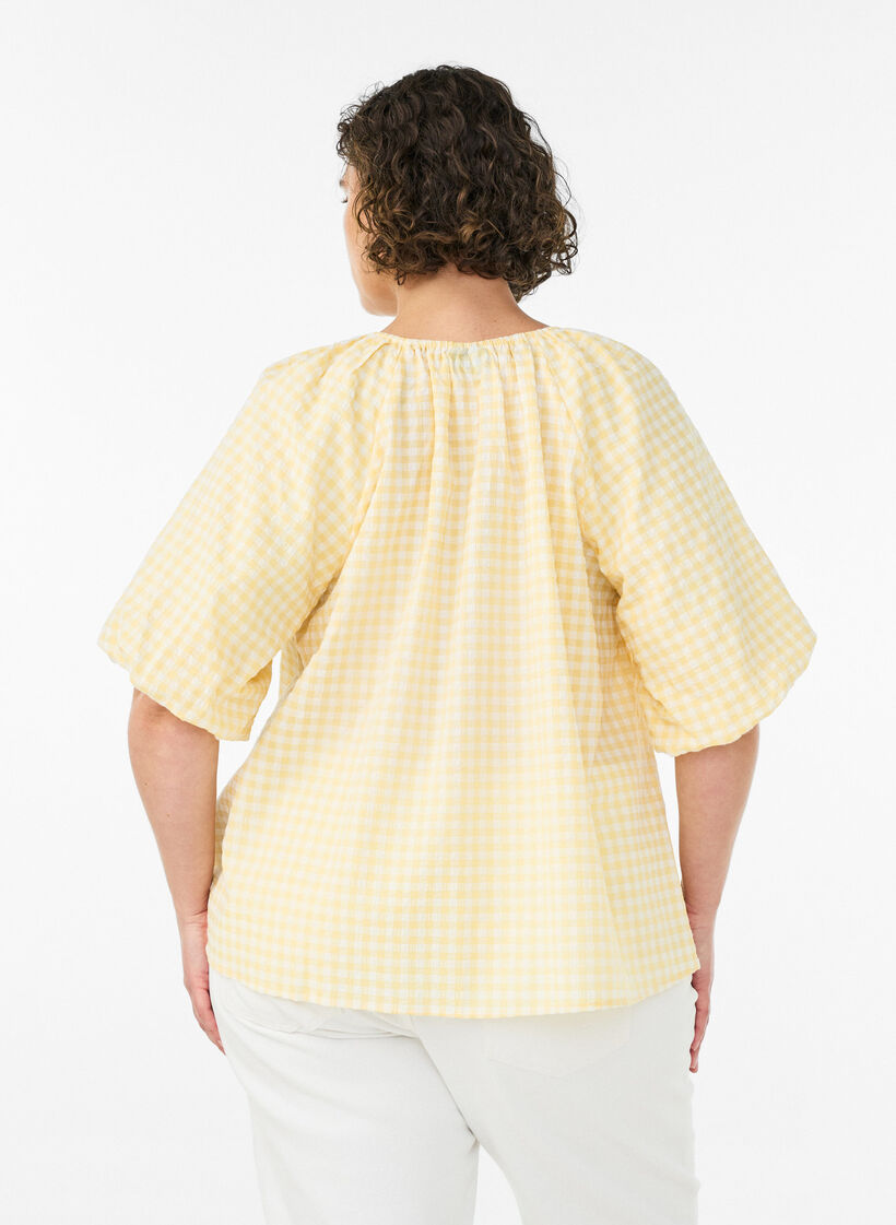 Liten rutete bluse med elastisk hals og albuelange ermer, Gul, Model image number 2