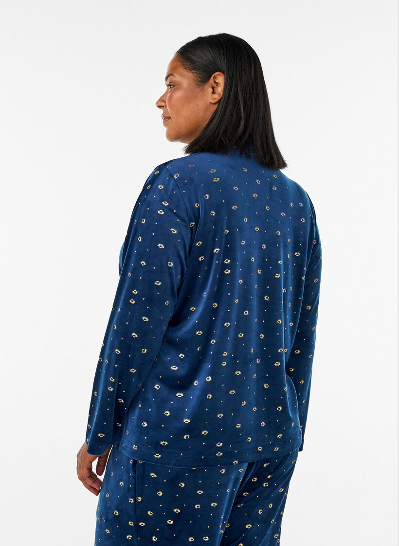 Velour pyjamas-skjorte med all-over trykk, Bl&aring;, Model image number 2