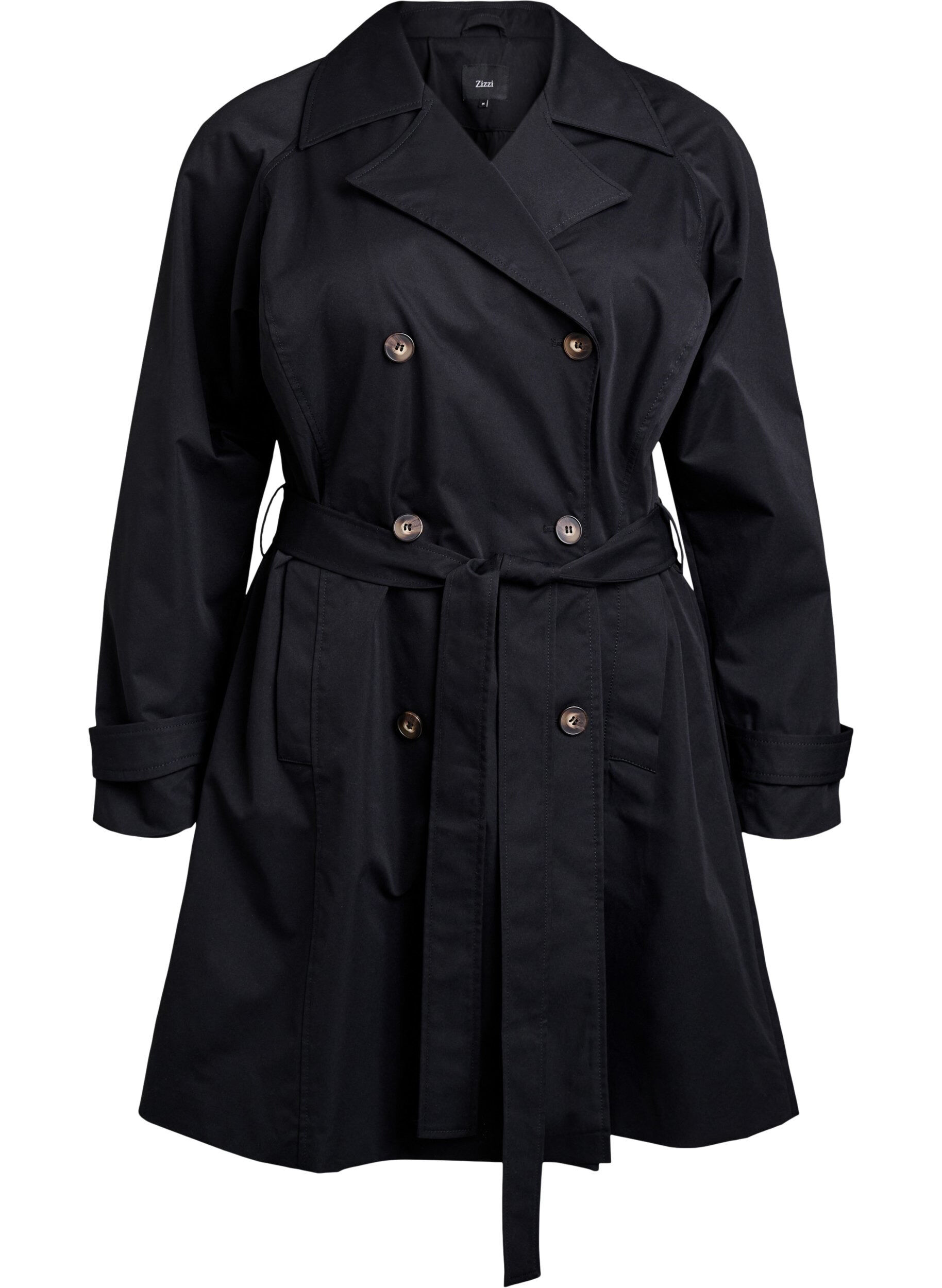 Zizzi Midilang trenchcoat med belte, Black, Packshot image number 0