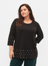 Bluse med perler og 3/4-ermer, Black, Model