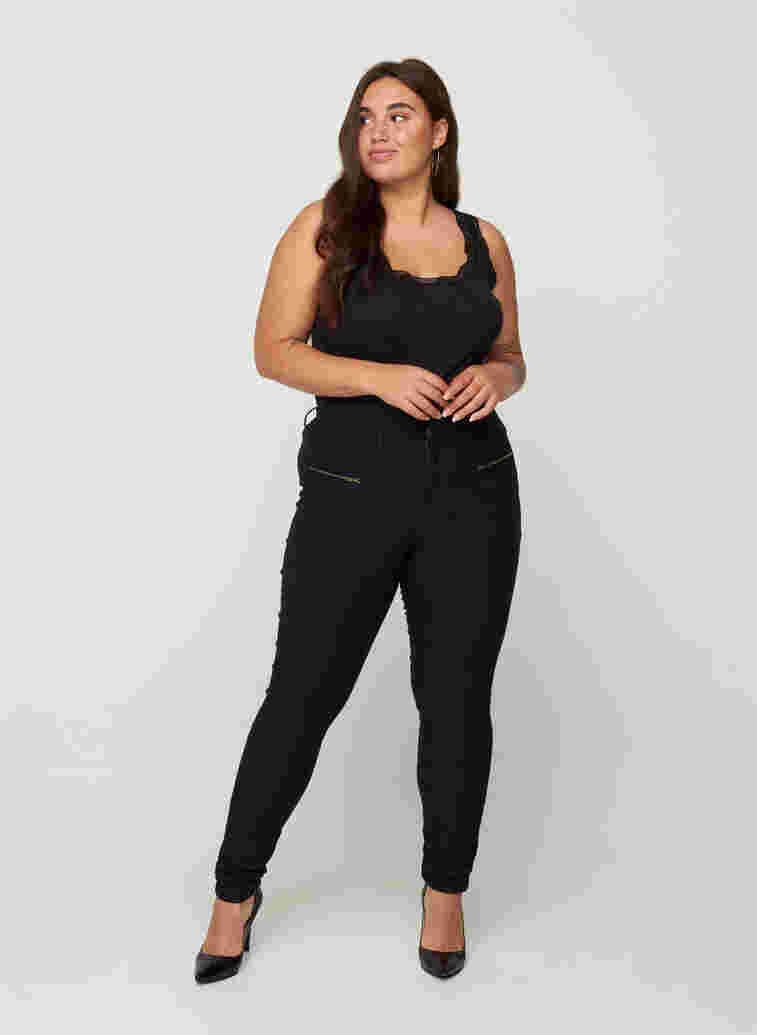 Tettsittende bukser med glidelåsdetaljer, Black, Model image number 4