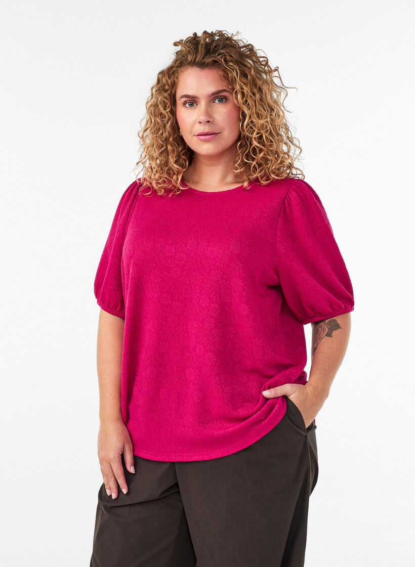 Bluse med tekstur og korte ermer, Rosa, Model image number 0