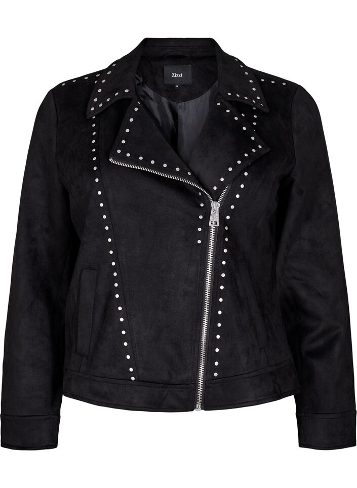 Imitert semsket skinn bikerjakke med nagler, Black, Packshot