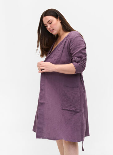Morgenkåpe i bomull med knyting, Vintage Violet, Model image number 2