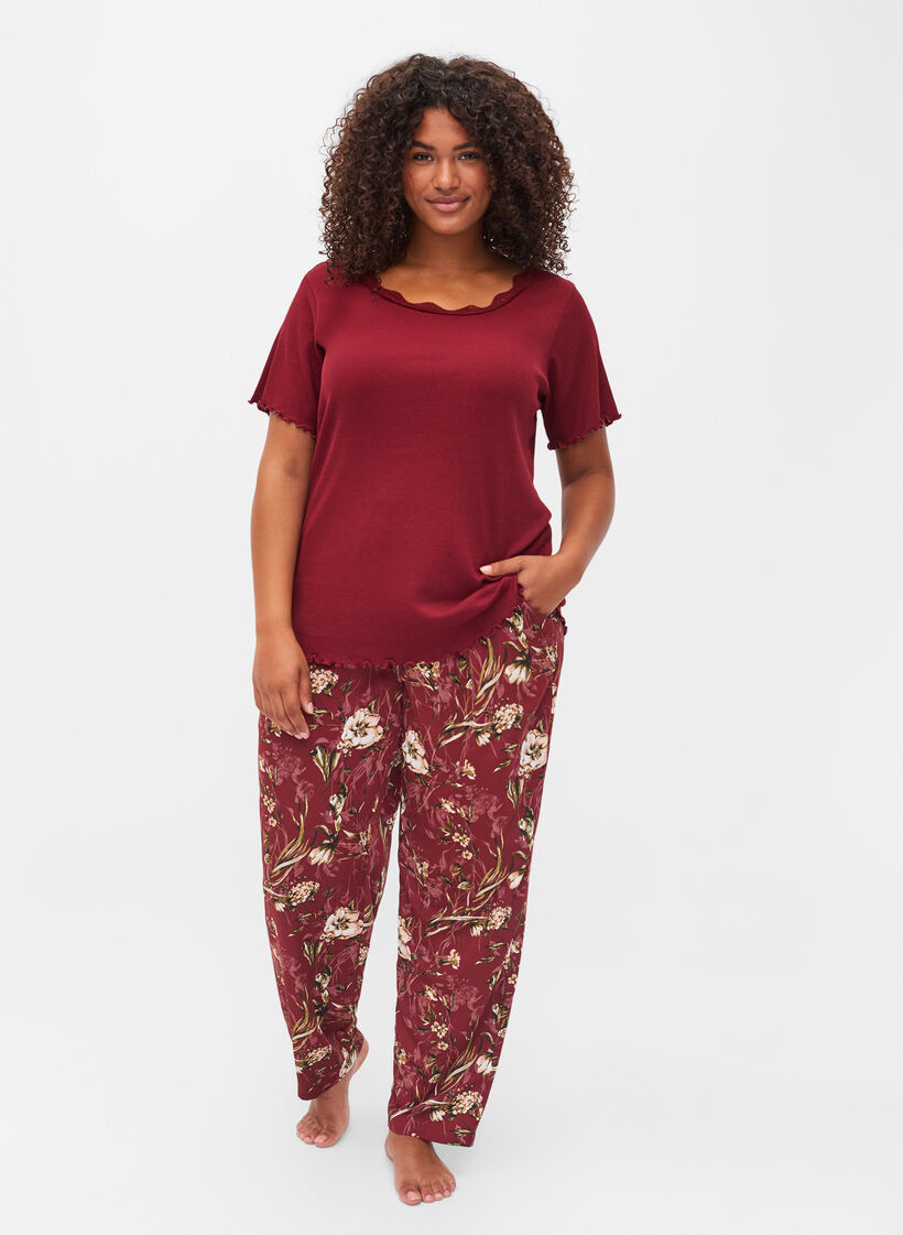 Kortermet pysjamasgenser med blondekant, Cabernet, Model image number 2