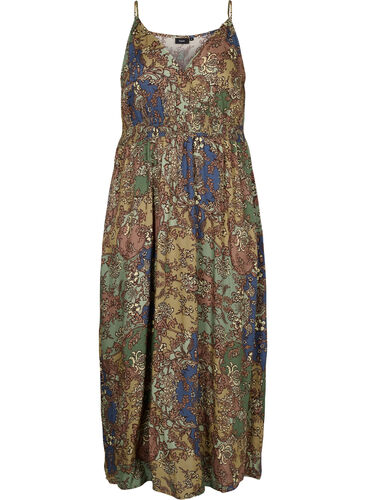 Ermeløs midikjole i viskose med paisleymønster, Green Paisley, Packshot image number 0