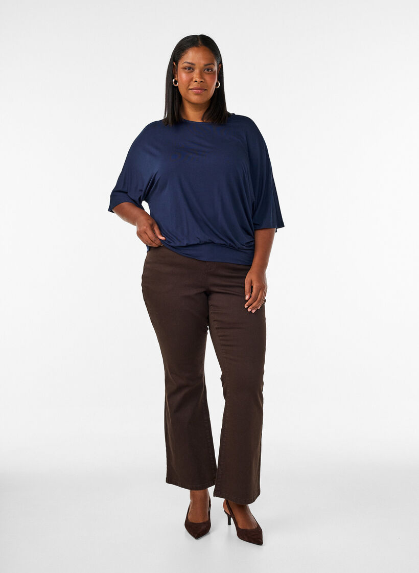 Jerseybluse med albuelange ballongermer, Bl&aring;, Model image number 1
