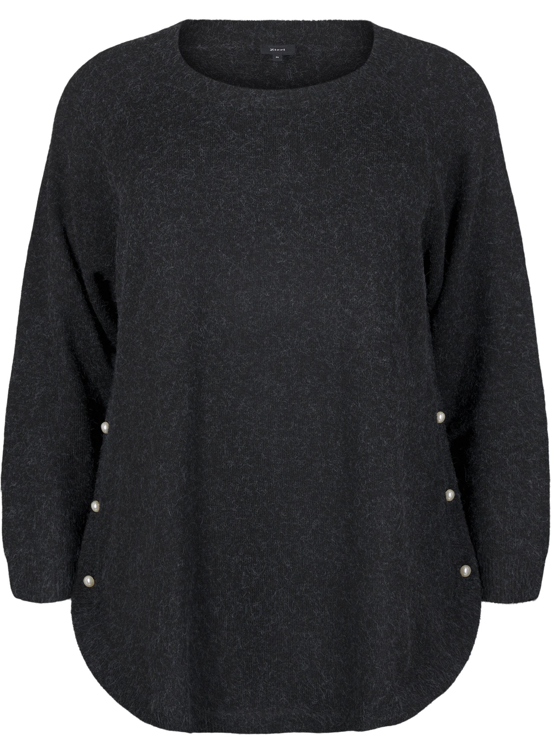 Zizzi Strikket bluse med perledetaljer, Dark Grey Melange, Packshot image number 0