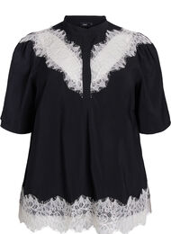 Kortermet skjortebluse med blondedetaljer, Black w. Sandshell
