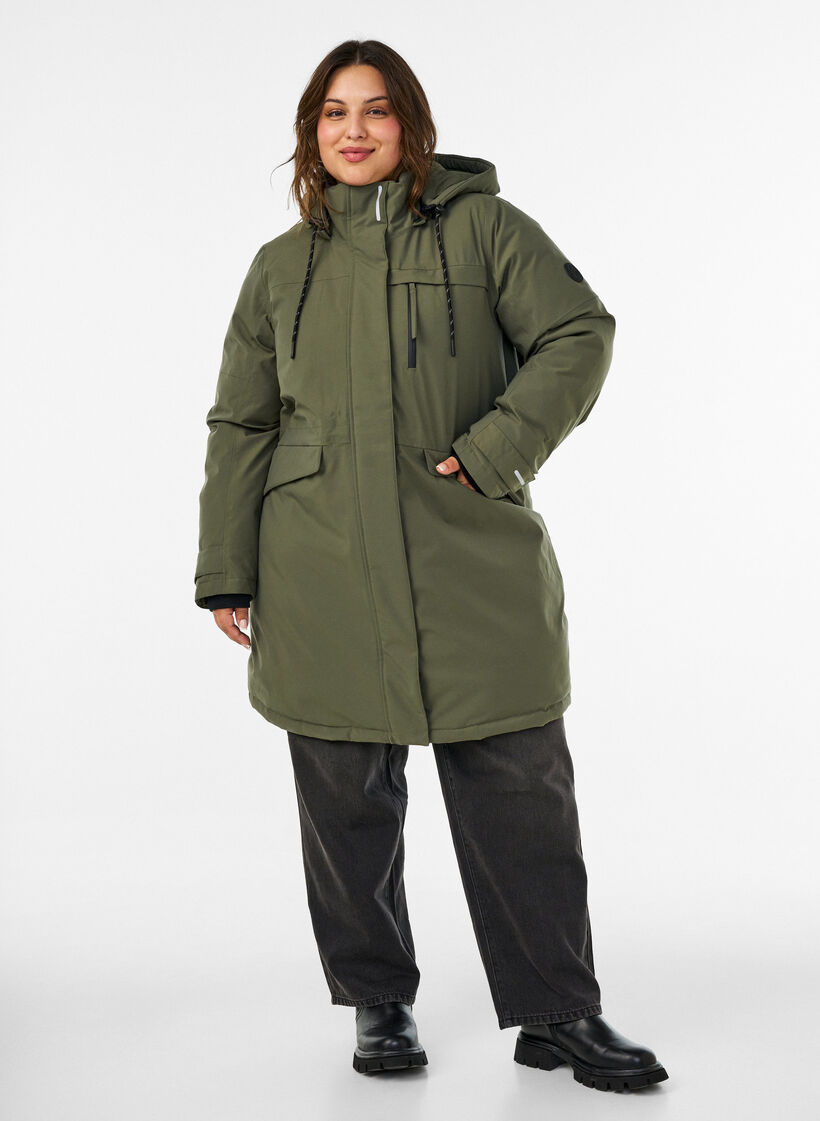Vannavst&oslash;tende parkas med hette og funksjonelle detaljer, Gr&oslash;nn, Model image number 1