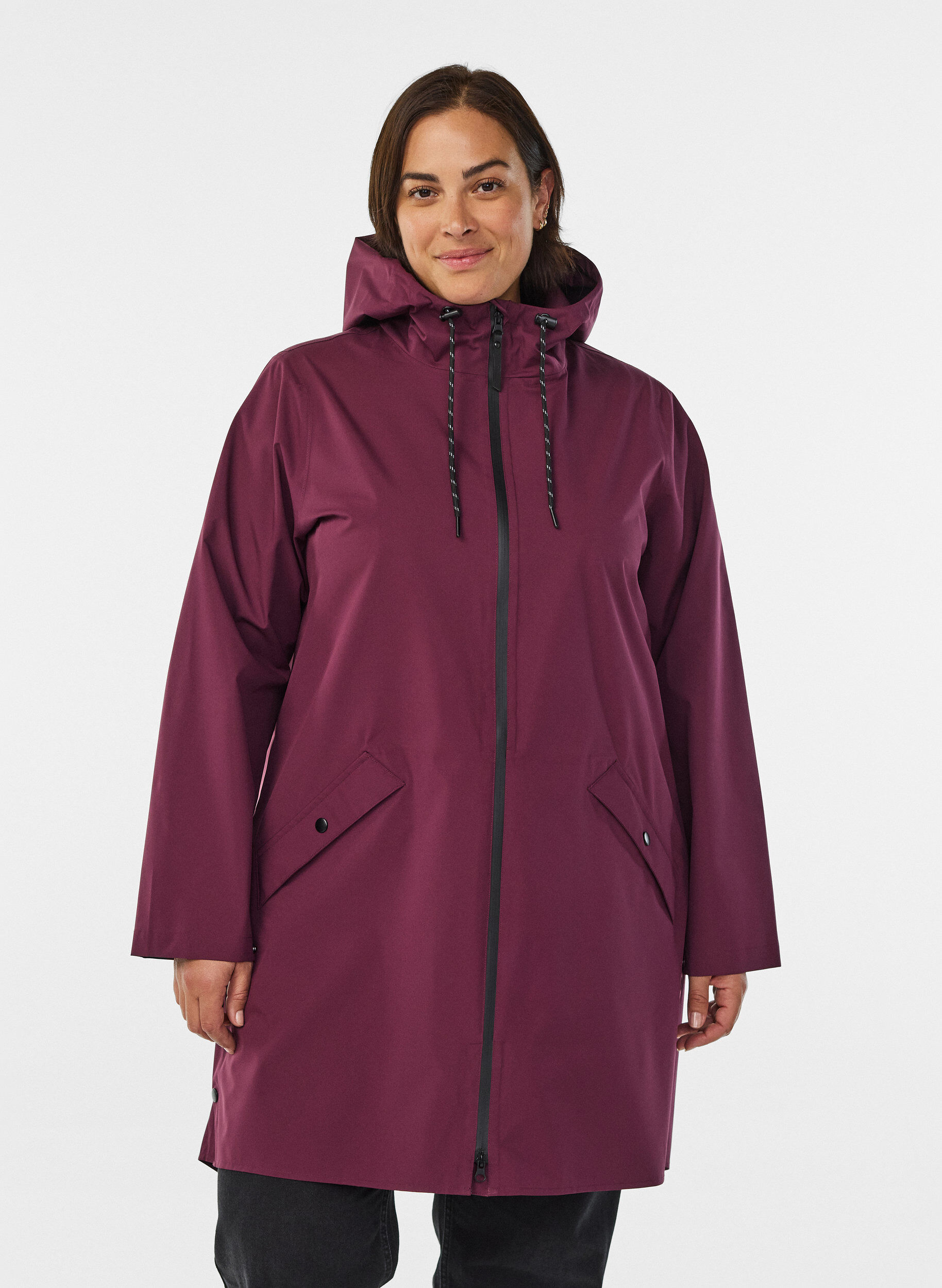 Regnjakke med lommer og hette, M&oslash;rk Bordeaux, Model