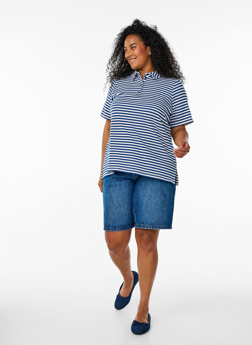 Kortermet poloskjorte med striper, Blue Stripe, Model