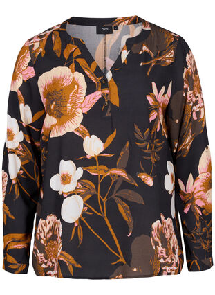 Bluse i 100% viskose med blomstermønster, Black Flower AOP, Packshot image number 0