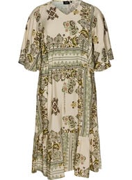 M&oslash;nstret midikjole i viskose med knytebelte, Gr&oslash;nn