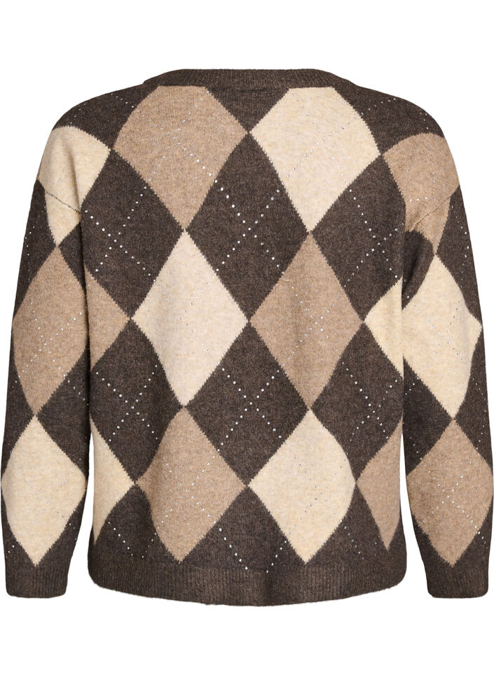 Argyle cardigan med rhinesteiner, Brun, Packshot image number 1