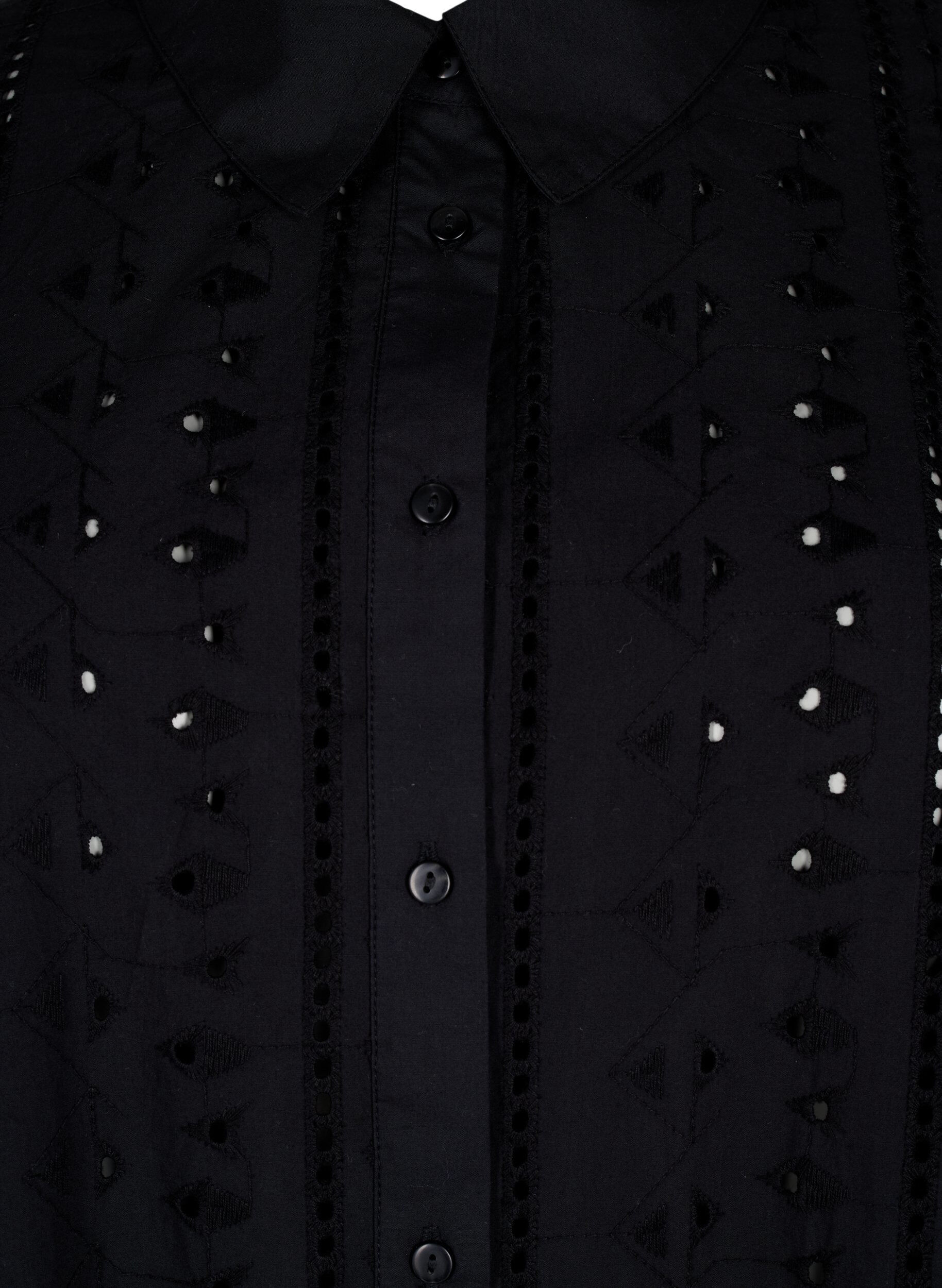 Zizzi Skjortekjole i bomull med broderi anglaise, Black, Packshot image number 2