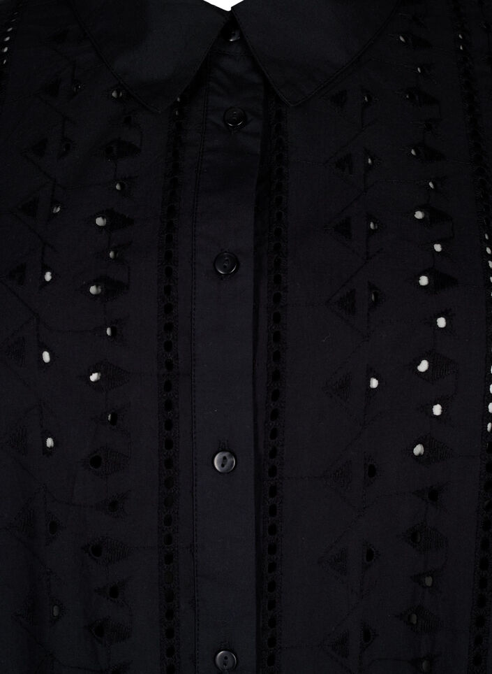 Skjortekjole i bomull med broderi anglaise, Black, Packshot image number 2