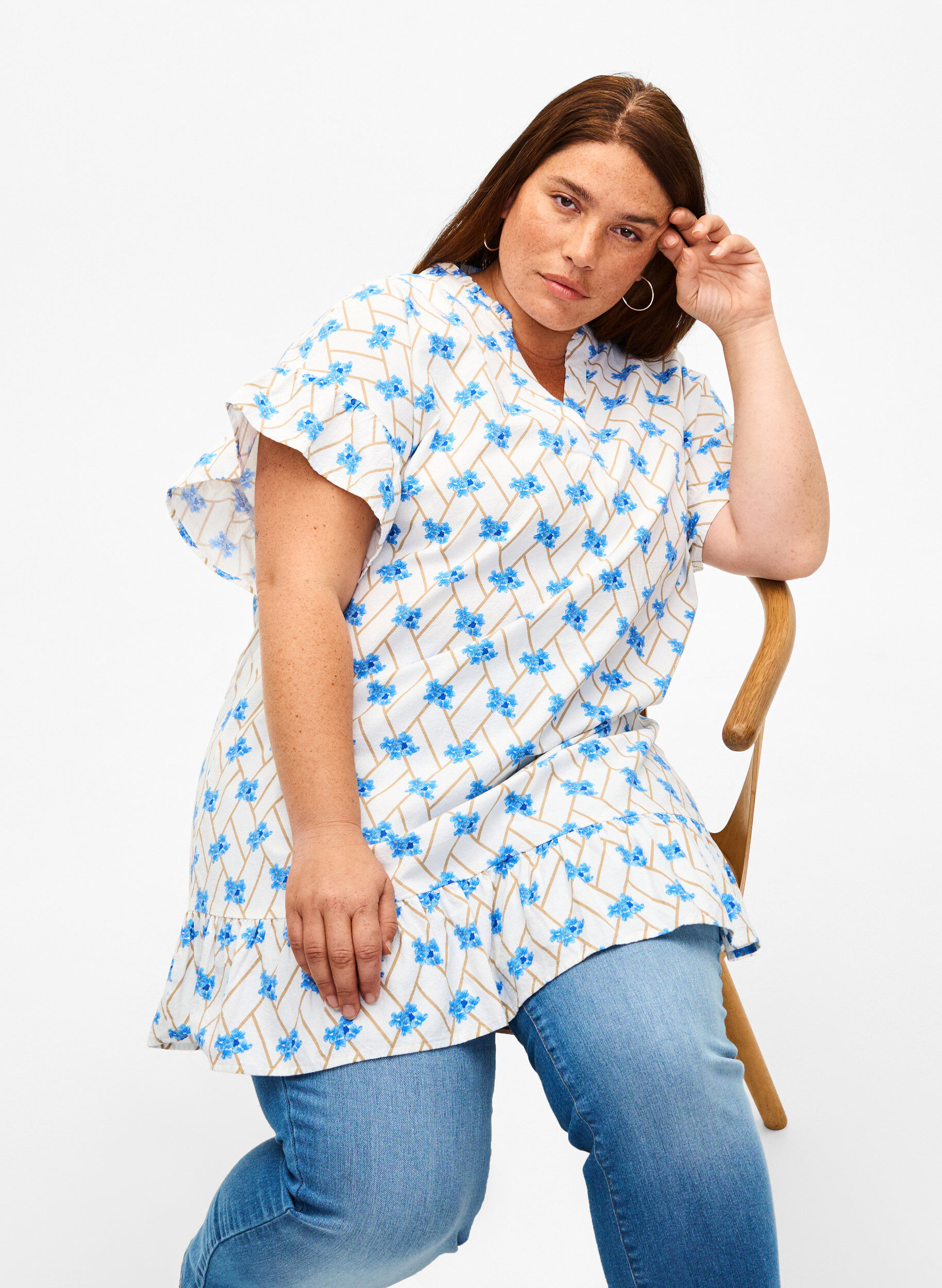 Zizzi Blomstret bomullstunika i bomull, Snow White Flower, Image image number 0