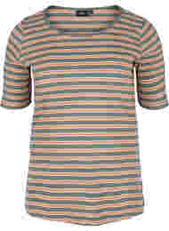 Stripete T-skjorte i bomull med ribbet struktur, Balsam Green Stripe