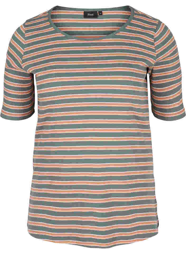 Stripete T-skjorte i bomull med ribbet struktur, Balsam Green Stripe, Packshot image number 0
