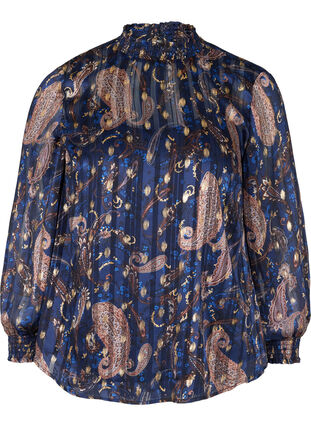 Mønstrete bluse med høy hals og smock, Paisley Foil, Packshot image number 0