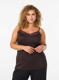 Ribbet jerseytopp med blondedetaljer, Brun Ribbet jerseytopp med blondedetaljer, Brun, Model