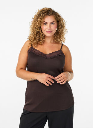 Zizzi Ribbet jerseytopp med blondedetaljer, Brun, Model image number 0