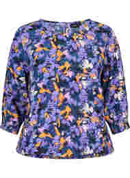 Blomstrete bluse i viskose med smock, Purple Flower AOP