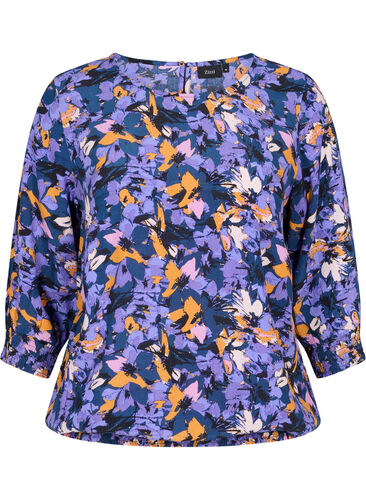 Blomstrete bluse i viskose med smock, Purple Flower AOP, Packshot image number 0