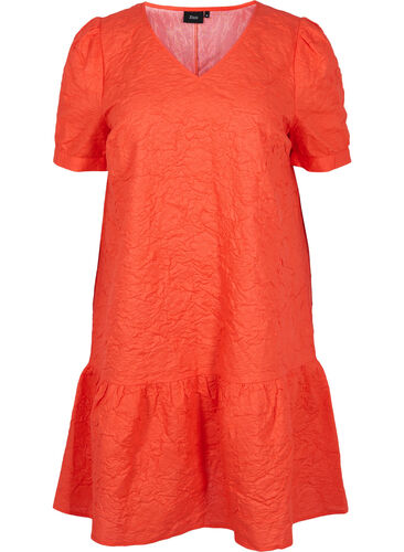 Strukturert kjole med korte puffermer, Mandarin Red, Packshot image number 0