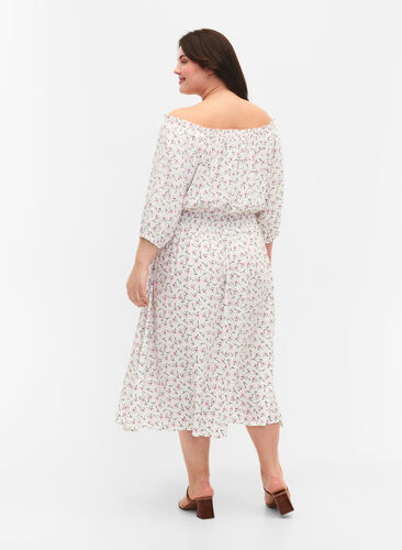 Blomstrete off-shoulder midi kjole i viskose, White Purple Flower, Model image number 1