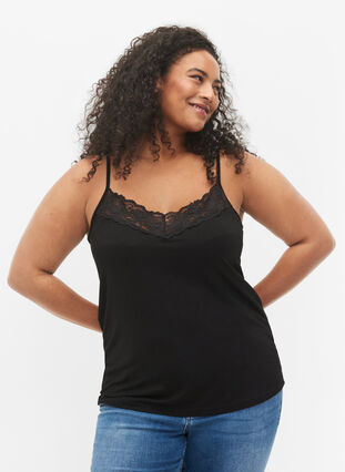 Topp i viskose med blondedetaljer, Black / Black, Model image number 0
