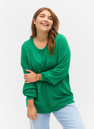 Zizzi Strikkecardigan med knapper i viskoseblanding, Jolly Green, Model image number 0