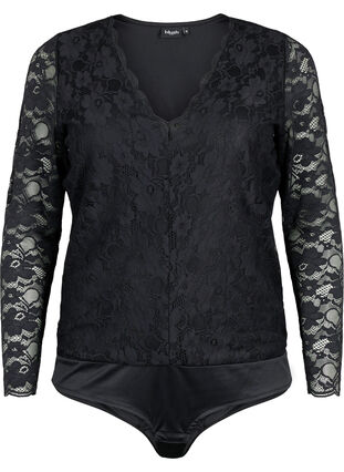 Bodystocking med lange ermer og blonder, Black, Packshot image number 0