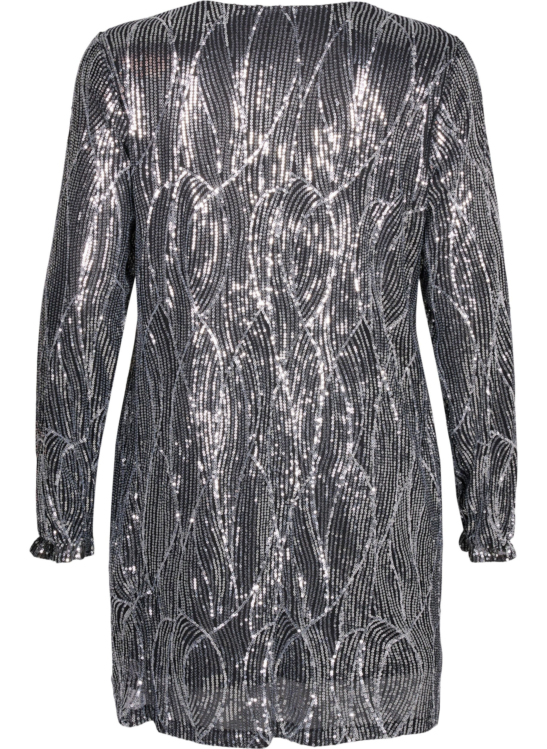 Zizzi Langermet paljettkjole med m&oslash;nster, Silver Sequins, Packshot image number 1
