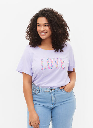 T-skjorte i bomull med rund hals og trykk, Lavender W. Love, Model image number 0