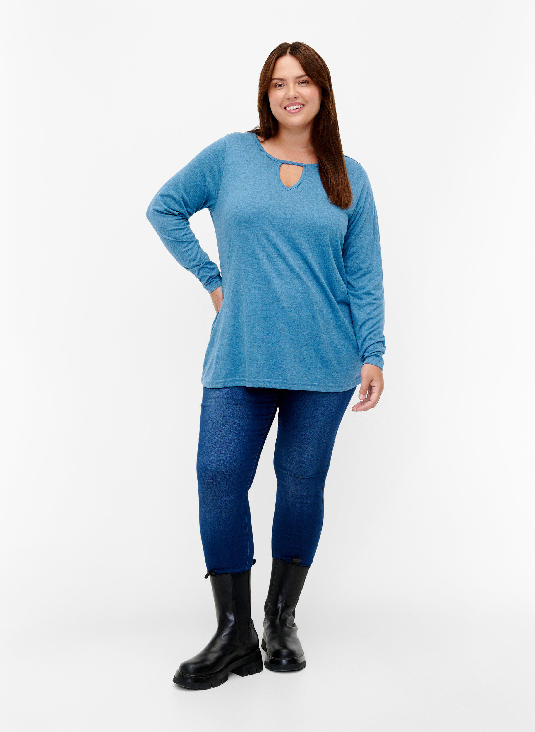 Zizzi Melange bluse med lange ermer, Legion Blue Mel., Model image number 2