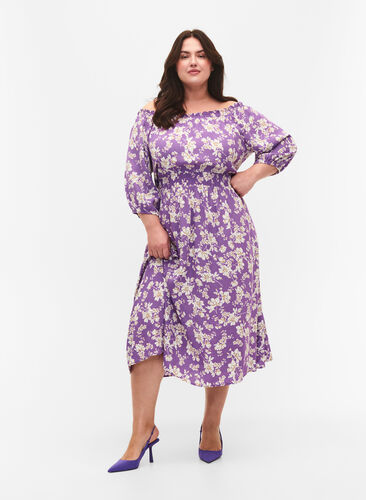 Blomstrete off-shoulder midi kjole i viskose, Purple Flower AOP, Model image number 0