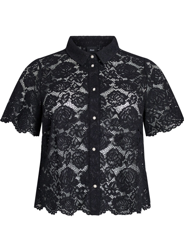 Skjortebluse i blonde med perleknapper, Svart, Packshot image number 0