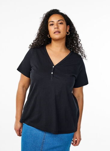 Zizzi FLASH - T-skjorte med knappdetalj, Svart, Model image number 0
