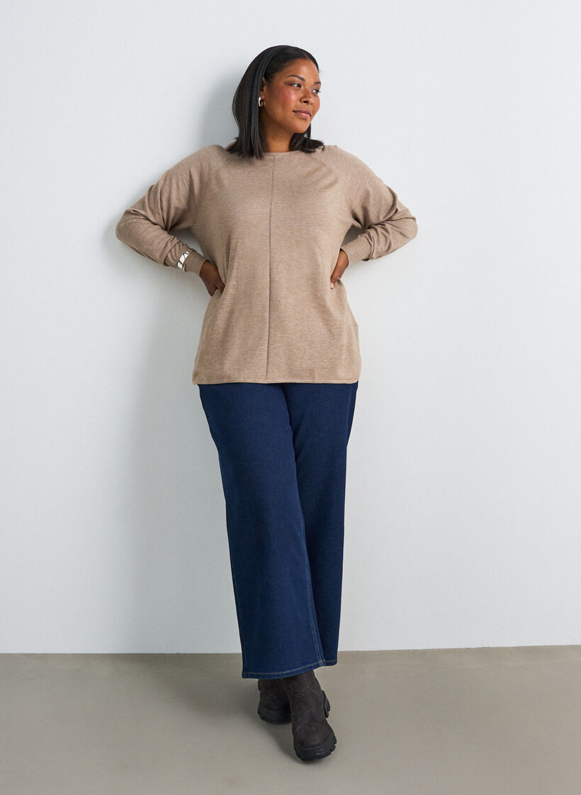 Strikket bluse med rund hals og strikket m&oslash;nster, Beige, Model image number 1