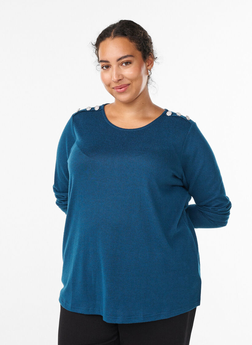 Bluse med dekorative knapper, Blå, Model image number 0