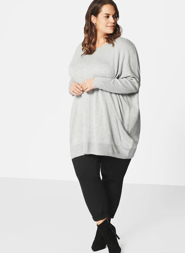 Løs strikkegenser med ribbekanter, Light Grey Melange, Model image number 0