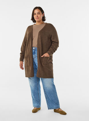Zizzi Ribbestrikket cardigan med lommer, Brun, Model image number 1